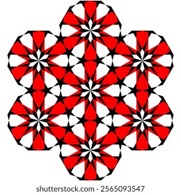 Seamless geometric pattern with red and black star motifs in a symmetric tessellation, inspired by Islamic art and traditional designs, featuring bold contrasts and intricate details