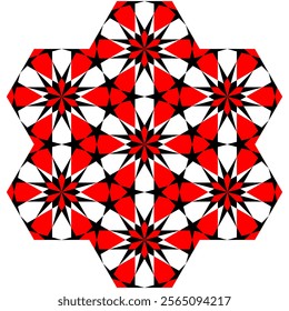 Seamless geometric pattern with red and black star motifs in a symmetric tessellation, inspired by Islamic art and traditional designs, featuring bold contrasts and intricate details