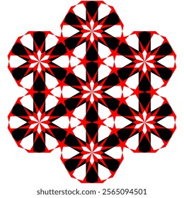 Seamless geometric pattern with red and black star motifs in a symmetric tessellation, inspired by Islamic art and traditional designs, featuring bold contrasts and intricate details