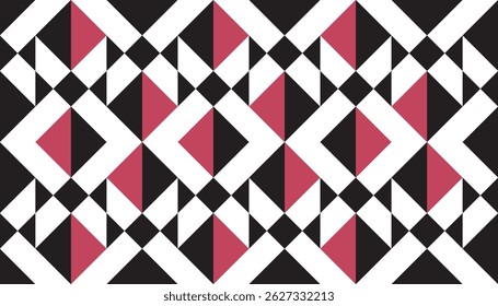 Motif géométrique harmonieux en rouge, noir et blanc, avec des formes triangulaires et de diamants audacieuses disposées dans une composition dynamique d'inspiration tribale