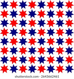 Seamless geometric pattern with red and blue stars checkerboard background, repeat star pattern design for fabric printing, star patter