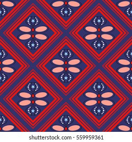 seamless geometric pattern, red diamonds on a blue background, vector illustration 