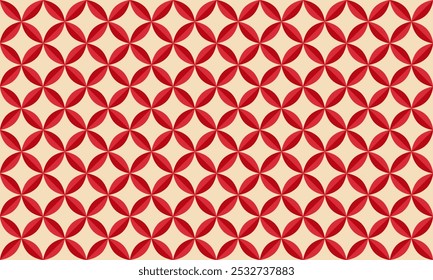 Padrão geométrico contínuo com formas de flores vermelhas em fundo bege. Círculos repetitivos formam motivos florais. Design minimalista abstrato. Fundo retro moderno para tecido, papel de parede, envoltório