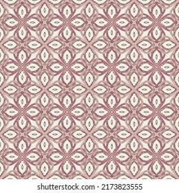 Seamless geometric pattern with red flowers on beige background.