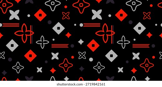 Patrón geométrico sin fisuras con Formas abstractas rojas, grises y negras que incluyen diamantes, líneas, cruces y motivos florales, ideal para el diseño textil, embalaje, fondos, marca. Vector