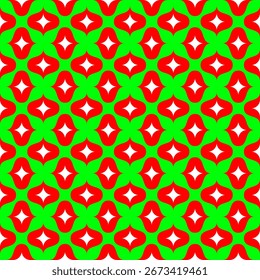 Seamless geometric pattern with red, green, and white shapes. Retro and festive style, perfect for backgrounds, holiday designs, textiles, and digital projects
