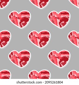 Seamless geometric pattern with red hearts. Abstract red heart in a flat style. Happy valentine day background.Valentines day attributes. Vector illustration. 