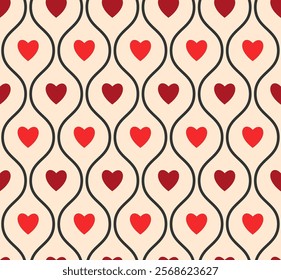 Seamless geometric pattern with red hearts. Valentines Day perfect background