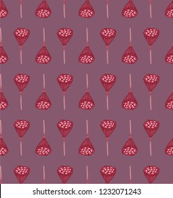 Seamless geometric pattern with red lotus pods on burgundy background. Repeat botanical pattern. Vector illustration.