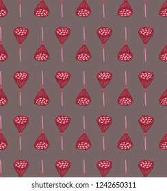 Seamless geometric pattern with red lotus pods on brown background. Repeat botanical pattern. Vector illustration.