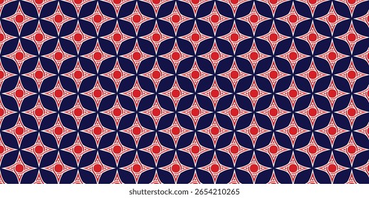 Seamless geometric pattern with red stars and circles on a blue background