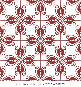 Patrón geométrico sin fisuras con remolinos rojos y líneas onduladas sobre un fondo blanco. Gráficos de Vector.

