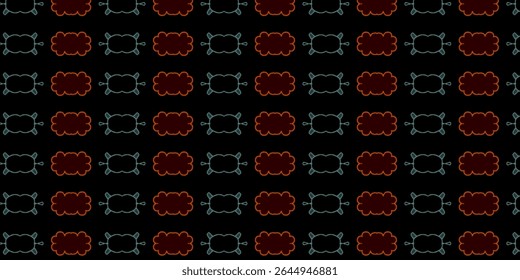 Seamless geometric pattern with red and teal pillow and cloud icons on black background. Modern symmetry, ideal for textiles and digital art.