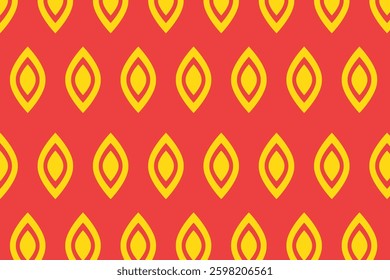 Seamless geometric pattern with red and yellow oval shapes. Perfect for backgrounds, textiles, wallpapers, packaging, and digital art with a vibrant tribal-inspired style.