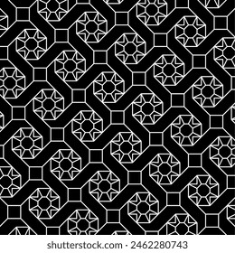 Seamless geometric pattern, repeating black and white pattern design with basic octagonal and square shapes