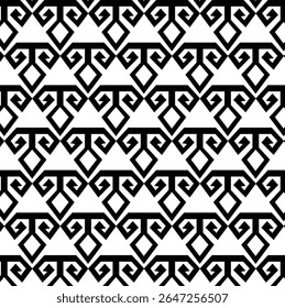 seamless geometric pattern, repeating geometric pattern in black and white, abstract, stylized motifs, two downward-curving or spiraling arms, small diamond or triangular shapes, tessellating design