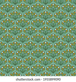 Seamless geometric pattern. Repeating curly elements of three abstract colors, bluish-green background. Great for decorating fabrics, textiles, gift wrapping, printed matter, interiors, advertising.