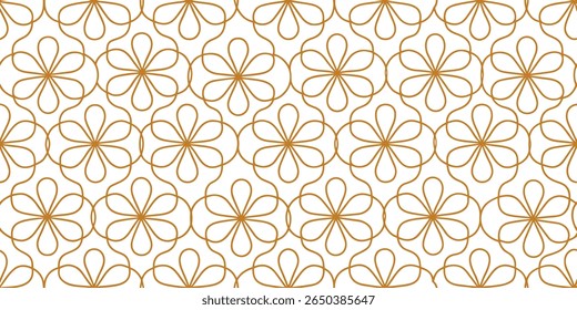 Um padrão geométrico sem costura com um design repetitivo de flores douradas estilizadas formadas por linhas contínuas e fluidas contra um fundo branco nítido.