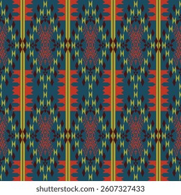 seamless geometric pattern with repeating diamond and triangular shapes in yellow,red,green, on a dark background.design for fabric ,textile,wallpaper,background,ceramic,carpet.