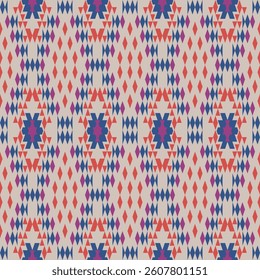 seamless geometric pattern with repeating diamond and triangular shapes in orange,blue,purple  on a beige      background.design for fabric ,textile,wallpaper,background,ceramic,carpet.