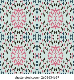 seamless geometric pattern with repeating diamond and triangular shapes in pink,blue on light green background.design for fabric,textile,wallpaper,background,carpet. ceramics.