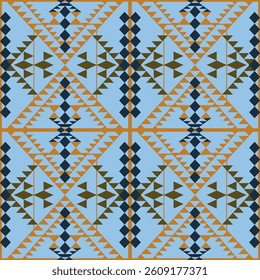 seamless geometric pattern with repeating diamond and triangular shapes in yellow,blue,green on sky blue background.design for tile,ceramics,fabric,textile,wallpaper,background,carpet. 