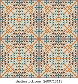 seamless geometric pattern with repeating diamond and triangular shapes in yellow,green,brown on beige background.design for tile,ceramics,fabric,textile,wallpaper,background,carpet. 