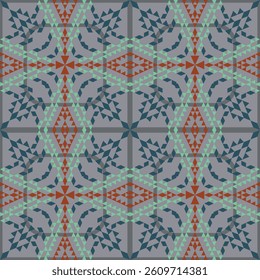 seamless geometric pattern with repeating diamond and triangular shapes in ,blue,light green,red on grey background.design for tile,ceramics,fabric,textile,wallpaper,background,carpet. 