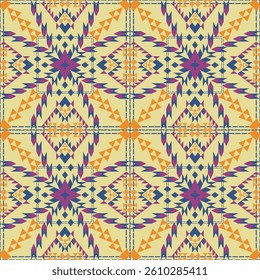 seamless geometric pattern with repeating diamond and triangular shapes in blue,purple,yellow on light yellow background.design for tile,ceramics,fabric,textile,wallpaper,background,carpet.
