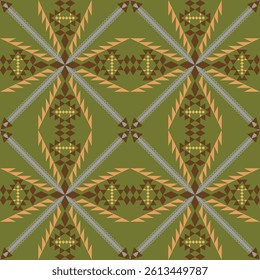 seamless geometric pattern with repeating diamond and triangular shapes in brown,yellowon green background.design for tile,ceramics,fabric,textile,wallpaper,background,carpet. 