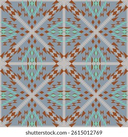 seamless geometric pattern with repeating diamond and triangular shapes in brown, sky blue on grey background.design for tile,ceramics,fabric,textile,wallpaper,background,carpet.