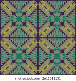 seamless geometric pattern with repeating diamond and triangular shapes in green,yellow on dark background.design for tile,ceramics,fabric,textile,wallpaper,background,carpet.