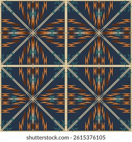 seamless geometric pattern with repeating diamond and triangular shapes in orange,green on dark background.design for tile,ceramics,fabric,textile,wallpaper,background,carpet.