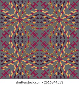 seamless geometric pattern with repeating diamond and triangular shapes in red,yellow,brown on dark background.design for tile,ceramics,fabric,textile,wallpaper,background,carpet.