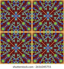 seamless geometric pattern with repeating diamond and triangular shapes in blue,light green on red background.design for tile,ceramics,fabric,textile,wallpaper,background,carpet.