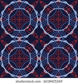 motif géométrique harmonieux avec losange répétitif et formes triangulaires en rouge, bleu, sur fond sombre.conception pour carrelage, céramique, tissu, fond d'écran, arrière-plan, tapis.
