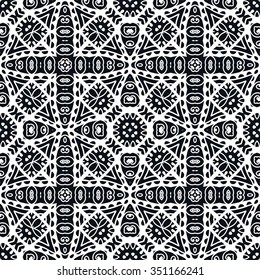 Seamless geometric pattern, repeating fabric lace texture, tribal ethnic arabic indian ornament. Hand drawn abstract background, vector illustration. Black and white background