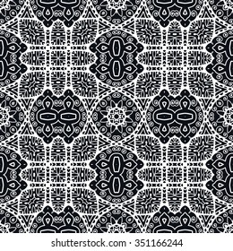 Seamless geometric pattern, repeating fabric lace texture, tribal ethnic arabic indian ornament. Hand drawn abstract background, vector illustration. Black and white background