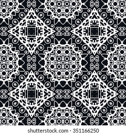 Seamless geometric pattern, repeating fabric lace texture, tribal ethnic arabic indian ornament. Hand drawn abstract background, vector illustration. Black and white background