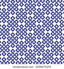Padrão geométrico contínuo de repetição de nós ou quadrados entrelaçados, reminiscente de desenhos celtas. Esta impressão rítmica e gráfica em azul índigo nítido em um fundo creme é moderna e sofisticada