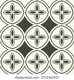 Nahtloses geometrisches Muster mit sich wiederholenden Viertelfolienmotiven im Kreis Schlagwörter: geometrisch, Muster, nahtlos, wiederholend, vierblättrig, blüte
