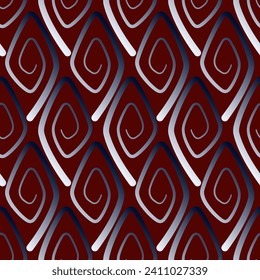 Seamless geometric pattern with repeating rhombuses. Stilized ethnic ornament vector illustration. Gradient black spirals curl on dark red background. For printing various design projects