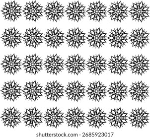 Padrão geométrico contínuo com repetição de formas mandala starburst. Design decorativo preto ideal para papel de parede, têxteis, fundos e arte abstrata moderna.
