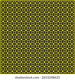 Um padrão geométrico perfeito com um quadrado repetitivo e design entrelaçado em preto sobre um fundo amarelo vibrante