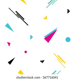 Seamless geometric pattern in retro 80s style. Pop art triangles, lines, circles pattern.