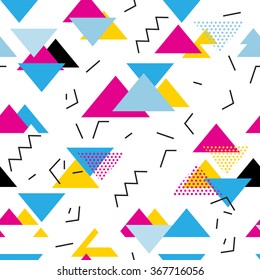 Seamless geometric pattern in retro 80s style. Pop art triangles, lines, zigzag pattern on white.