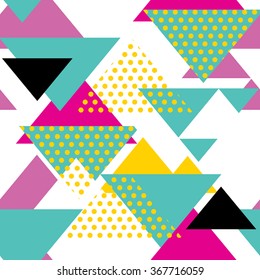 Seamless geometric pattern in retro 80s style. Pop art triangles pattern.