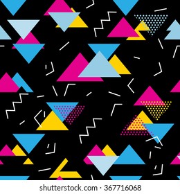 Seamless geometric pattern in retro 80s style. Pop art triangles, lines, zigzag pattern on black.