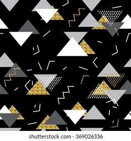 Seamless geometric pattern in retro 80s style. Pop art triangles, lines, zigzag pattern in golden glitter, white and black.
