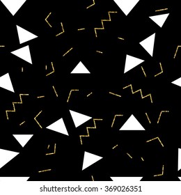 Seamless geometric pattern in retro 80s style. Pop art triangles, lines, zigzag pattern in golden glitter, white and black.

